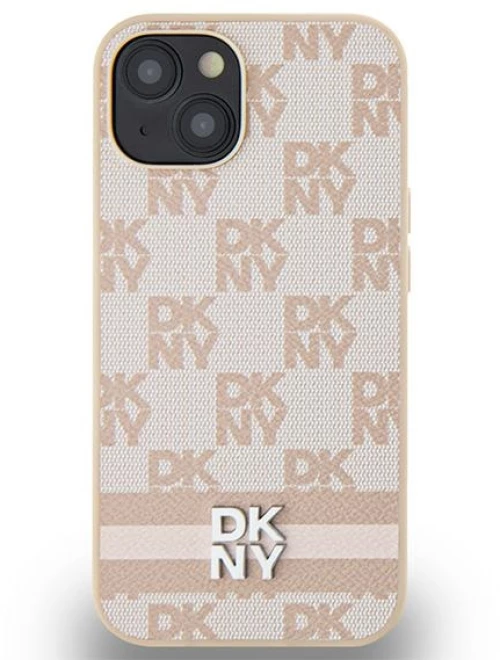 DKNY Leather Checkered Mono Pattern & Printed Stripes case for iPhone 15 / 14 / 13 - pink