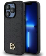 DKNY Leather Monogram Pattern Metal Logo MagSafe Case for iPhone 15 Pro - Black