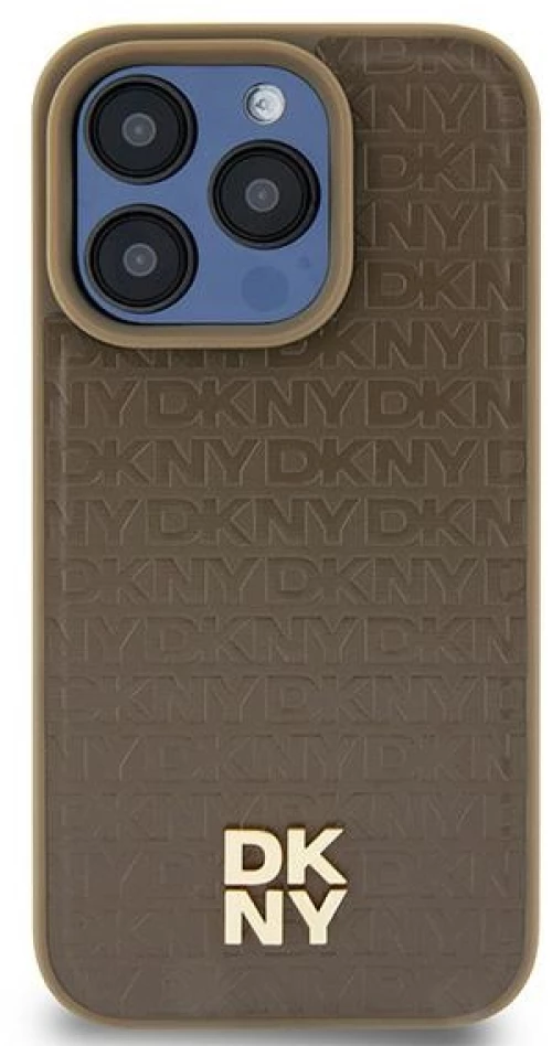DKNY Leather Pattern Metal Logo MagSafe Case for iPhone 15 Plus / 14 Plus - Brown