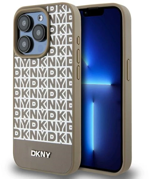 DKNY Leather Printed Pattern Metal Logo MagSafe Case for iPhone 15 Pro Max - Brown