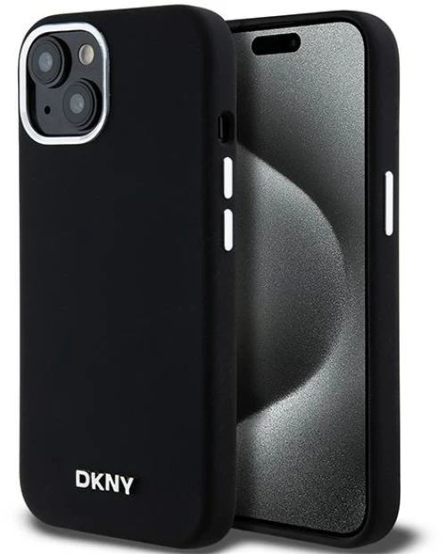 DKNY Liquid Silicone Small Metal Logo MagSafe Case for iPhone 15 Plus / 14 Plus - Black