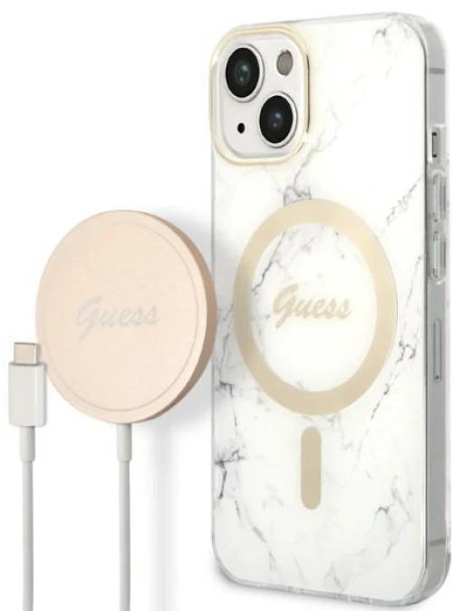 Set Guess GUBPP14SHMEACSH Case+ Charger iPhone 14 6.1" white/white hard case Marble MagSafe