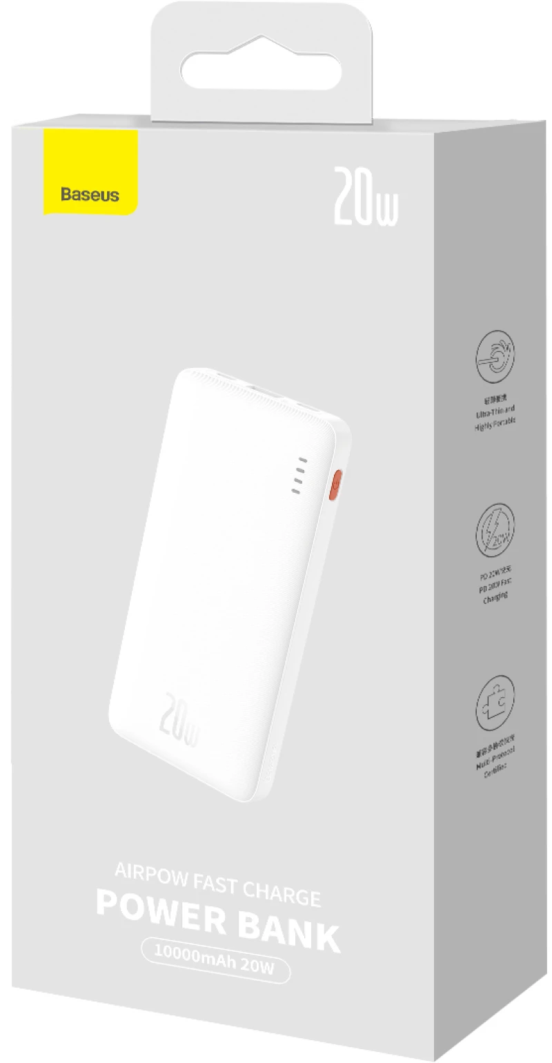 Baseus Airpow 20W 10000mAh Power Bank with Baseus Simple Series USB-A - USB-C 30 cm Cable - White