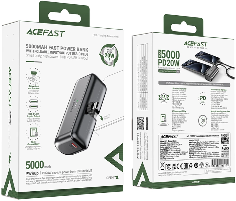 Powerbank Acefast M9 5000mAh USB-C (male) / USB-C (female) PD 20W - black