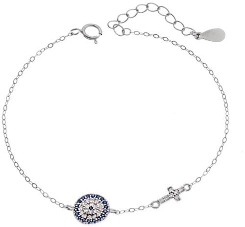 Βραχιόλι Senza Silver 925, Μάτι-στόχος και σταυρός με ζιργκόν