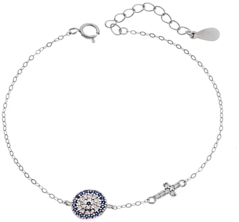 Βραχιόλι Senza Silver 925, Μάτι-στόχος και σταυρός με ζιργκόν