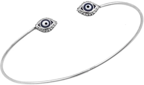 Βραχιόλι Γυναικείο Senza από ασήμι 925, λεπτή χειροπέδα με μπλε μάτι και λευκά ζιργκόν