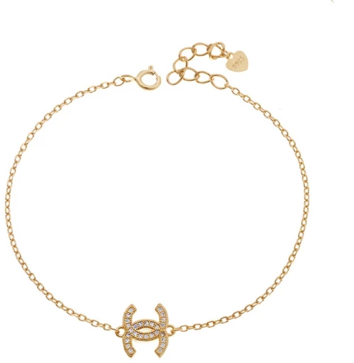 Βραχιόλι Γυναικείο Senza από επιχρυσωμένο ασήμι 925, με σχέδιο τύπου "Chanel" και λευκά ζιργκόν