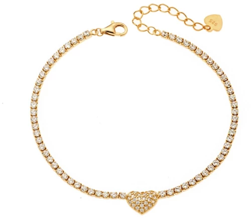 Βραχιόλι Senza από επιχρυσωμένο ασήμι 925, Ριβιέρα με καρδιά και λευκά ζιργκόν