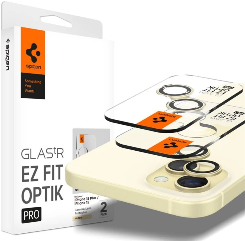 Spigen Glass tR EZ Fit Optik Pro Camera Tempered Glass 2 Pack iPhone 15/15 Plus/14/14 Plus Yellow - Δωρεάν Τοποθέτηση