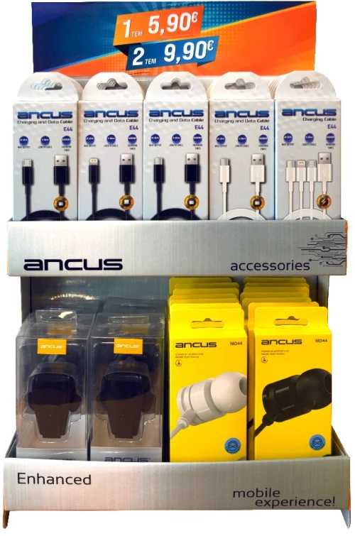 Stand με Αξεσουάρ Ancus, Hands Free, Φορτιστές και Καλώδια Σύνδεσης 48 Τεμαχίων UK Version
