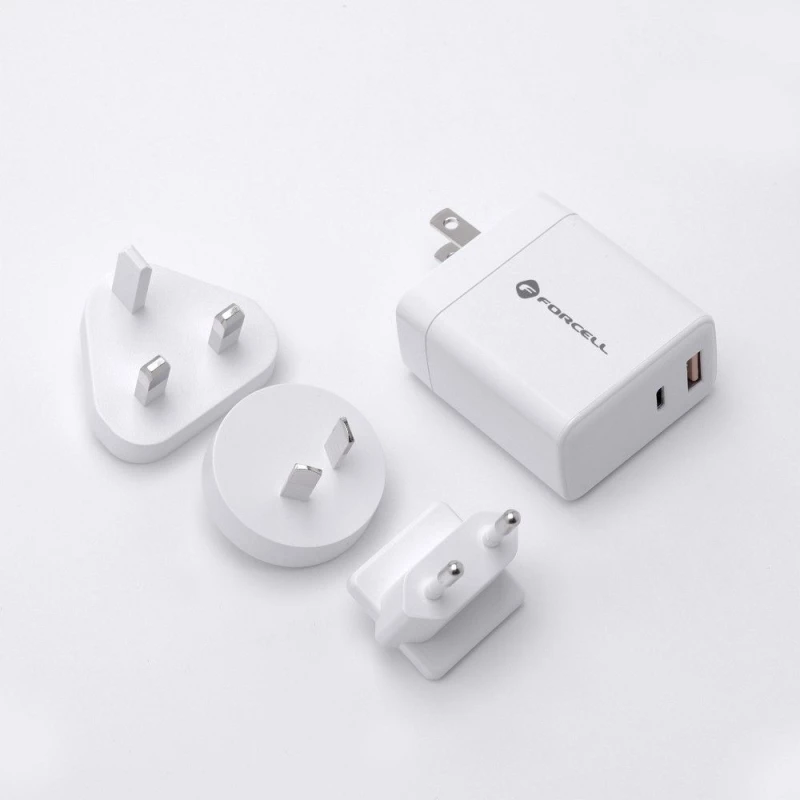 FORCELL 45W travel charger 3in1 Type C + USB A PD QC4. 0 3A 45W with replaceable plugs (EU / UK / US)