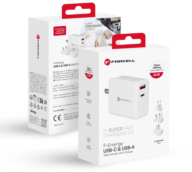 FORCELL 45W travel charger 3in1 Type C + USB A PD QC4. 0 3A 45W with replaceable plugs (EU / UK / US)