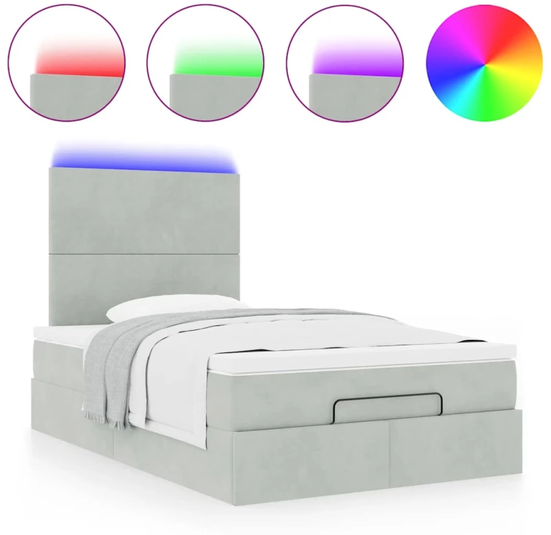vidaXL Οθωμανικό κρεβάτι με στρώματα & LEDs Ανοιχτό γκρι Βελούδο