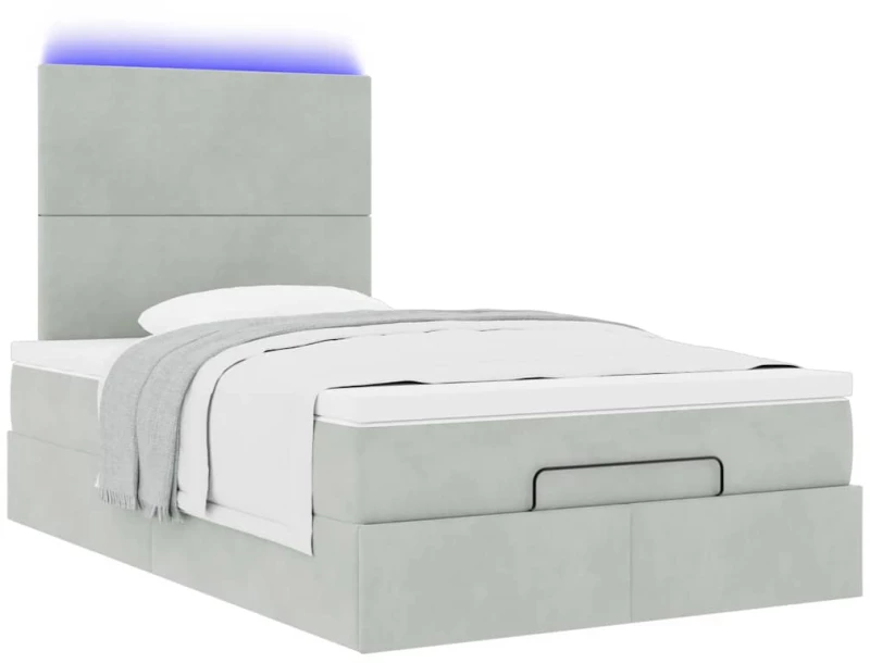 vidaXL Οθωμανικό κρεβάτι με στρώματα & LEDs Ανοιχτό γκρι Βελούδο