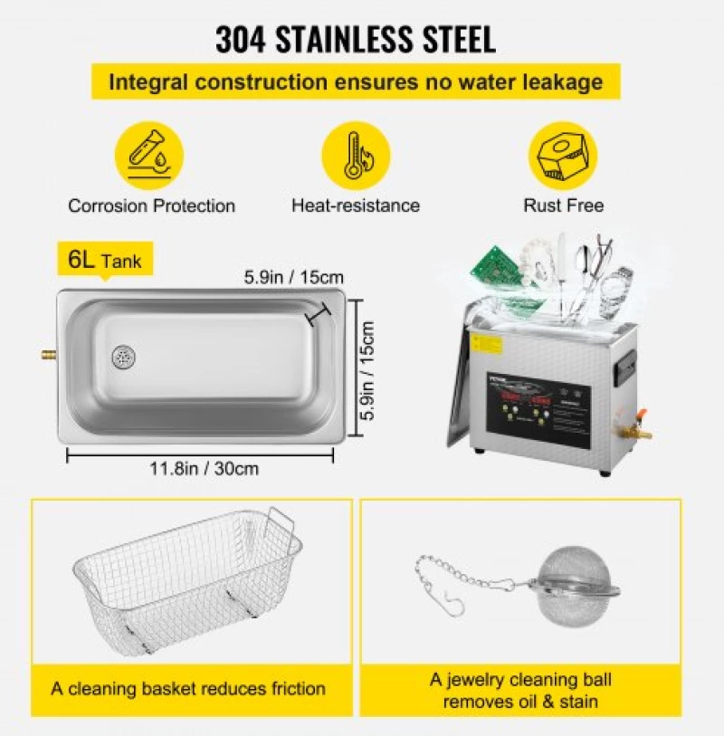 VEVOR 6L Digital Ultrasonic Cleaner Heater Timer 400W Powerful Jewelry Eyeglass