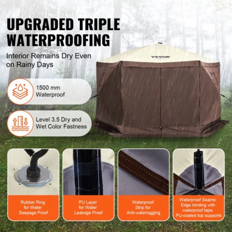 VEVOR Pop Up Gazebo Tent Pop-Up Screen Tent 6 Sided Canopy Sun Shelter Brown