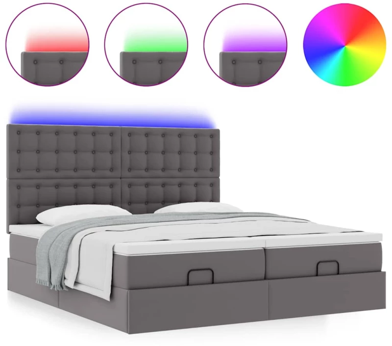 vidaXL Οθωμανικό κρεβάτι με στρώματα & LEDs Γκρι Faux Leather