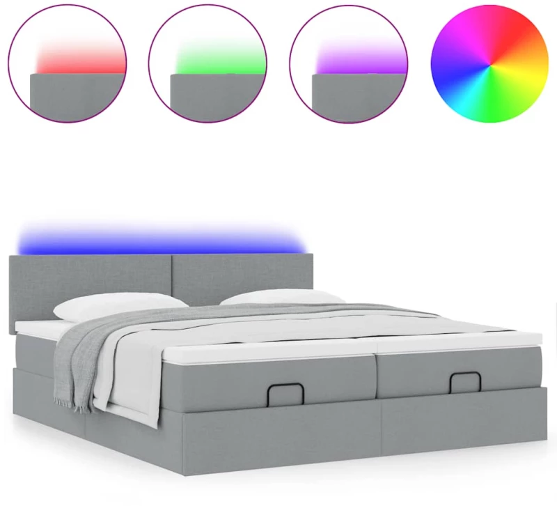 vidaXL Οθωμανικό κρεβάτι με στρώματα & LEDs Ανοιχτό γκρι ύφασμα
