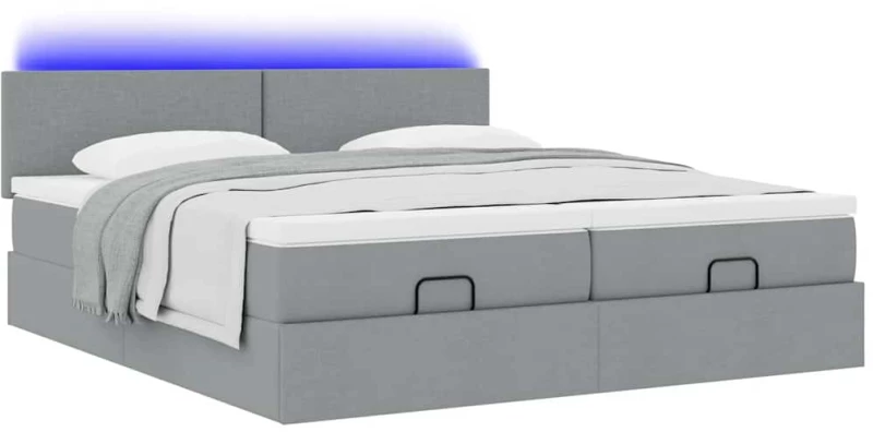 vidaXL Οθωμανικό κρεβάτι με στρώματα & LEDs Ανοιχτό γκρι ύφασμα