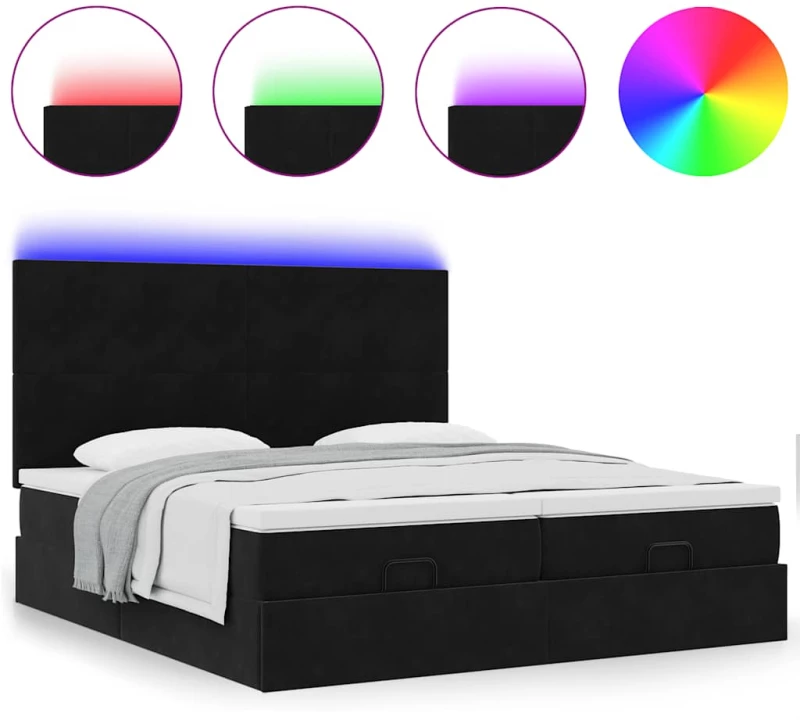 vidaXL Οθωμανικό κρεβάτι με στρώματα & LEDs Μαύρο 180x200cm Velvet