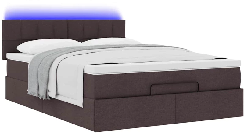 vidaXL Οθωμανικό κρεβάτι με στρώμα & LEDs Σκούρο καφέ 140x200cm ύφασμα