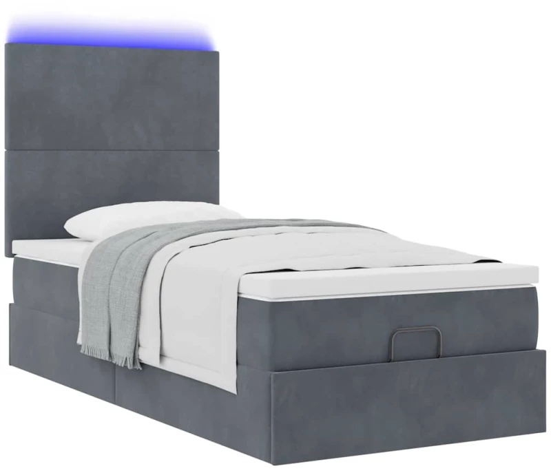 vidaXL Οθωμανικό κρεβάτι με στρώματα & LEDs Σκούρο γκρι Βελούδο