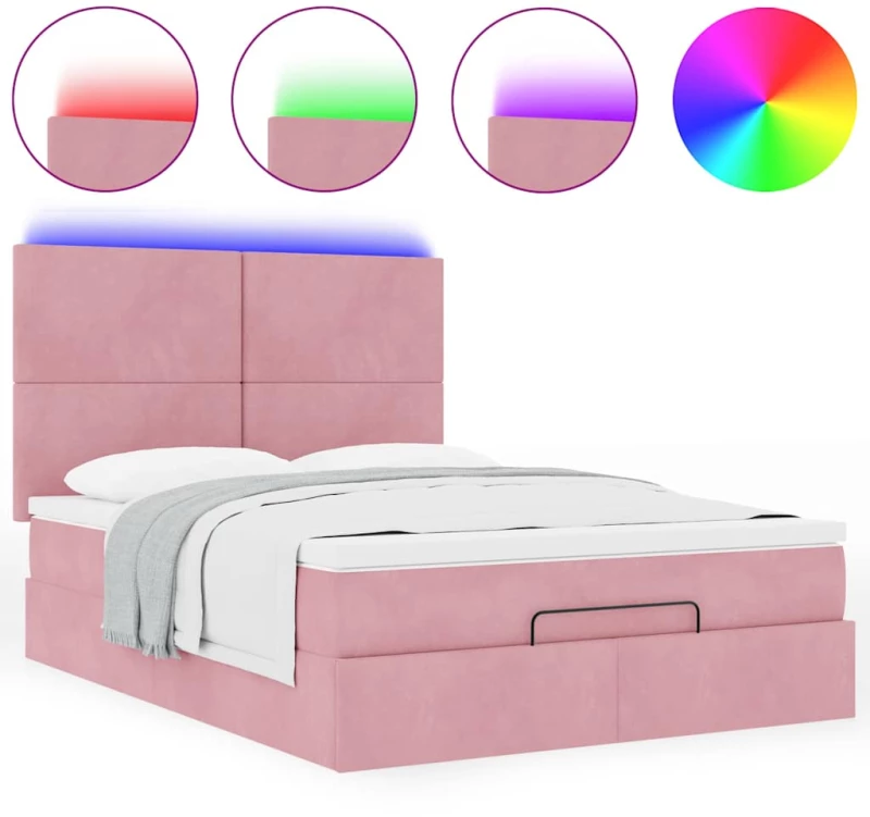 vidaXL Οθωμανικό κρεβάτι με στρώματα & LEDs Ροζ 140x200cm Βελούδο