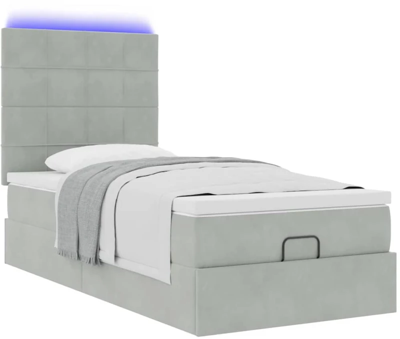 vidaXL Οθωμανικό κρεβάτι με στρώματα & LEDs Ανοιχτό γκρι Βελούδο