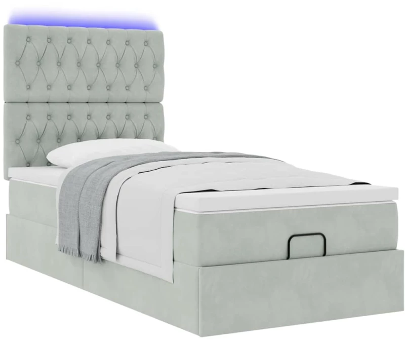 vidaXL Οθωμανικό κρεβάτι με στρώματα & LEDs Ανοιχτό γκρι Βελούδο