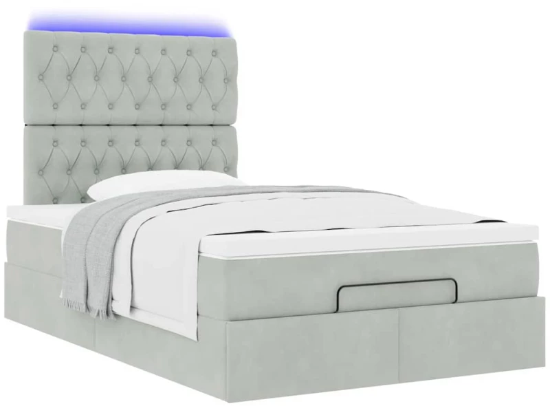 vidaXL Οθωμανικό κρεβάτι με στρώματα & LEDs Ανοιχτό γκρι Βελούδο