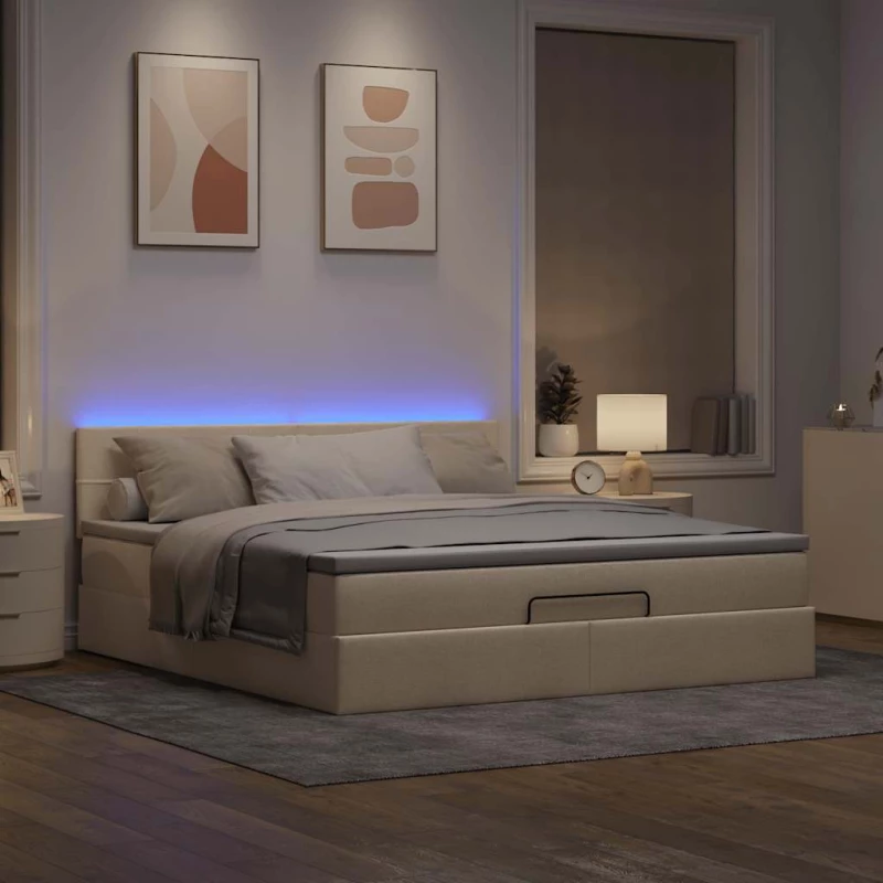 vidaXL Οθωμανικό κρεβάτι με στρώμα & LEDs Cream 160x200cm ύφασμα