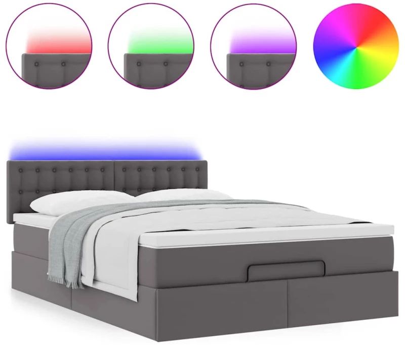 vidaXL Οθωμανικό κρεβάτι με στρώματα & LEDs Γκρι Faux Leather