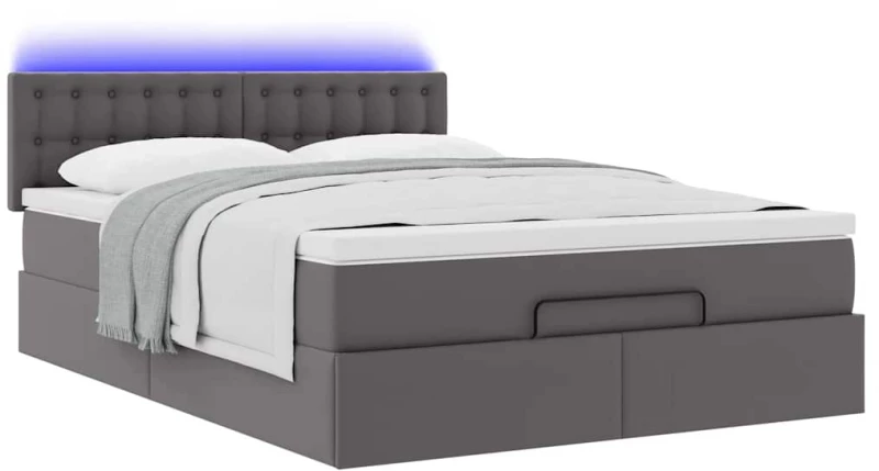 vidaXL Οθωμανικό κρεβάτι με στρώματα & LEDs Γκρι Faux Leather