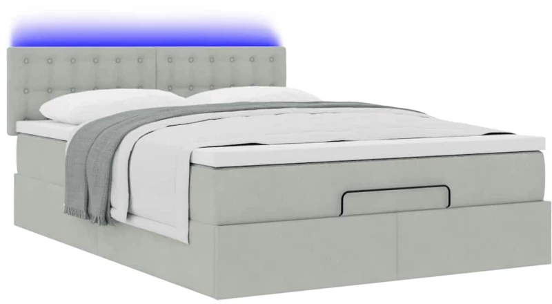 vidaXL Οθωμανικό κρεβάτι με στρώμα&LEDs Ανοιχτό γκρι 140x190cm Βελούδο