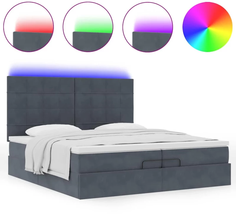 vidaXL Οθωμανικό κρεβάτι με στρώματα & LEDs Σκούρο γκρι Βελούδο