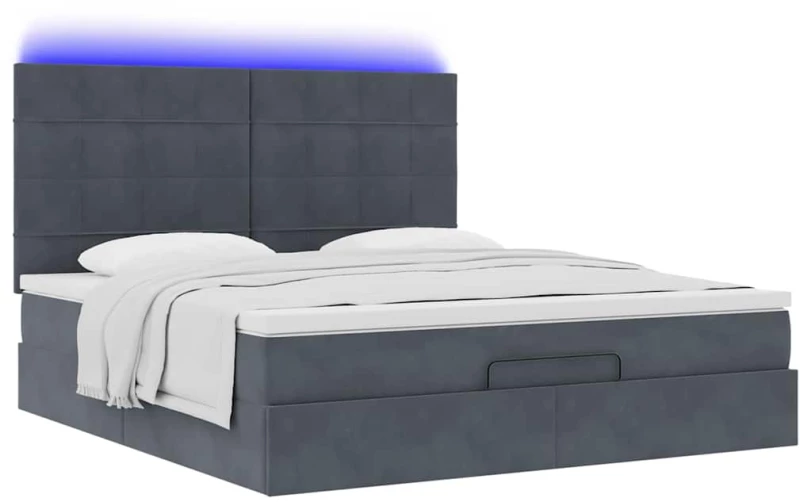 vidaXL Οθωμανικό κρεβάτι με στρώματα & LEDs Σκούρο γκρι Βελούδο