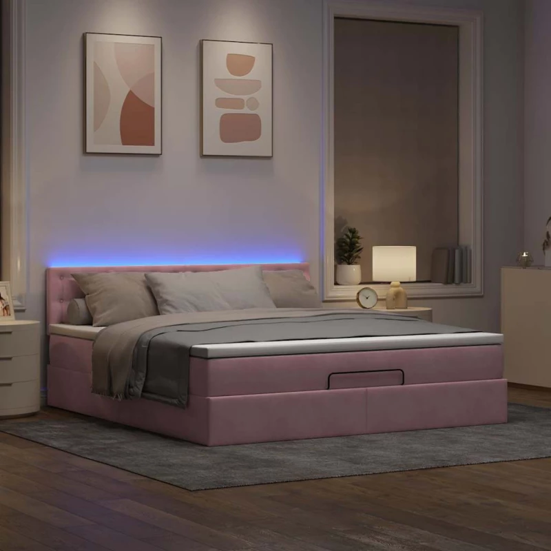 vidaXL Οθωμανικό κρεβάτι με στρώμα & LEDs Ροζ 160x200cm Βελούδο
