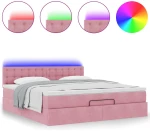 vidaXL Οθωμανικό κρεβάτι με στρώμα & LEDs Ροζ 160x200cm Βελούδο