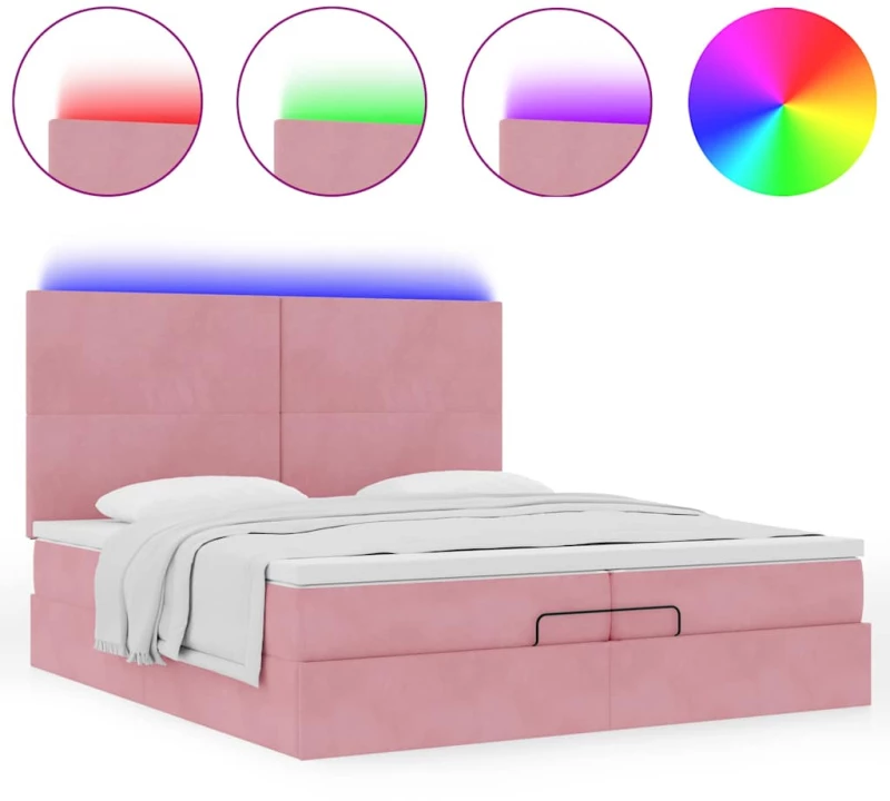 vidaXL Οθωμανικό κρεβάτι με στρώματα & LEDs Ροζ 200x200cm Velvet