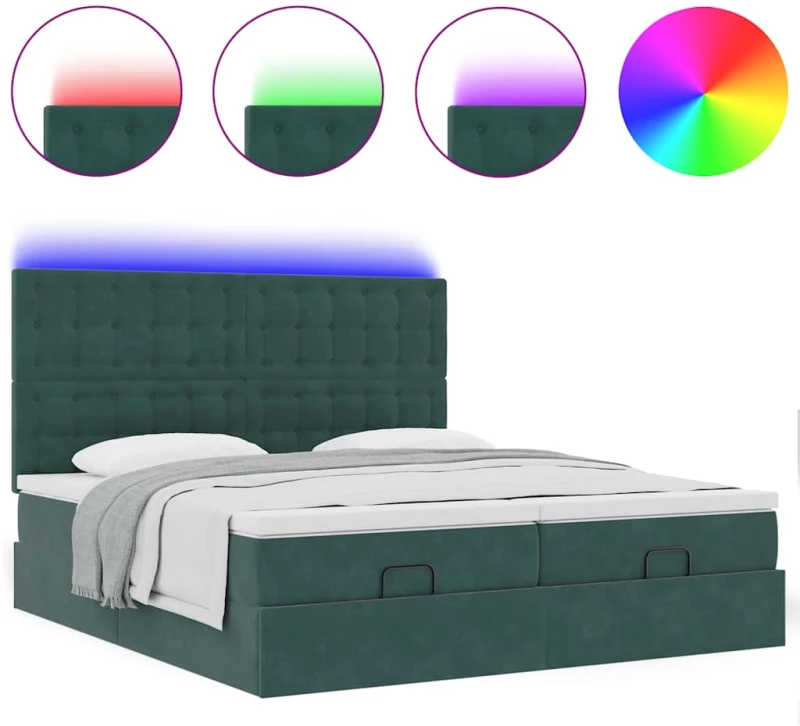 vidaXL Οθωμανικό κρεβάτι με στρώματα & LEDs Σκούρο πράσινο Βελούδο