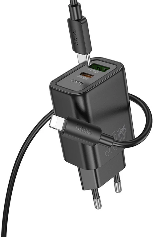 Hoco Wall Charger USB A + Type C + cable Type C to Lightning PD QC3.0 3A 30W N63 Black