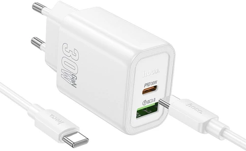 Hoco Wall Charger USB A + Type C + cable Type C to Type C PD QC3.0 3A 30W N63 White