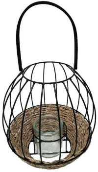 Φανάρι Ψάθινο Με Λαβή L LUG120 Φ23x22cm Black-Beige Espiel Μέταλλο,Ψάθα
