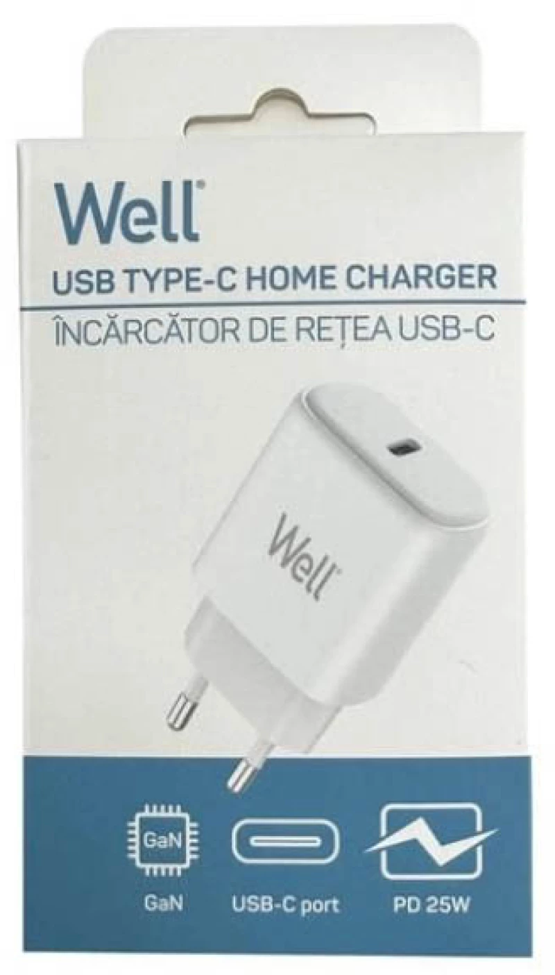 Universal USB-C FastTravel Wall Charger 5VDC/3A (25W) Λευκό Well PSUP-USB-WPD2504WE-WL