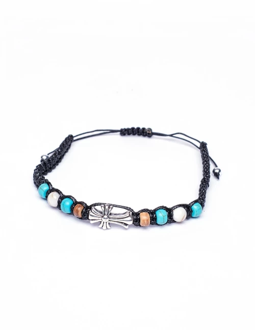 Βραχιόλι με Σταυρό και Χάντρες Μαύρο αυξομειώμενο Τ 956