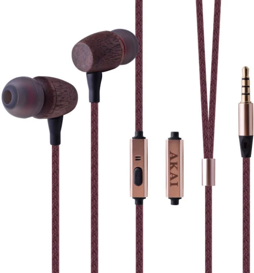 Akai BTE-W200F Kαφέ Βamboo in-ear ακουστικά handsfree με καλώδιο 1.2μ