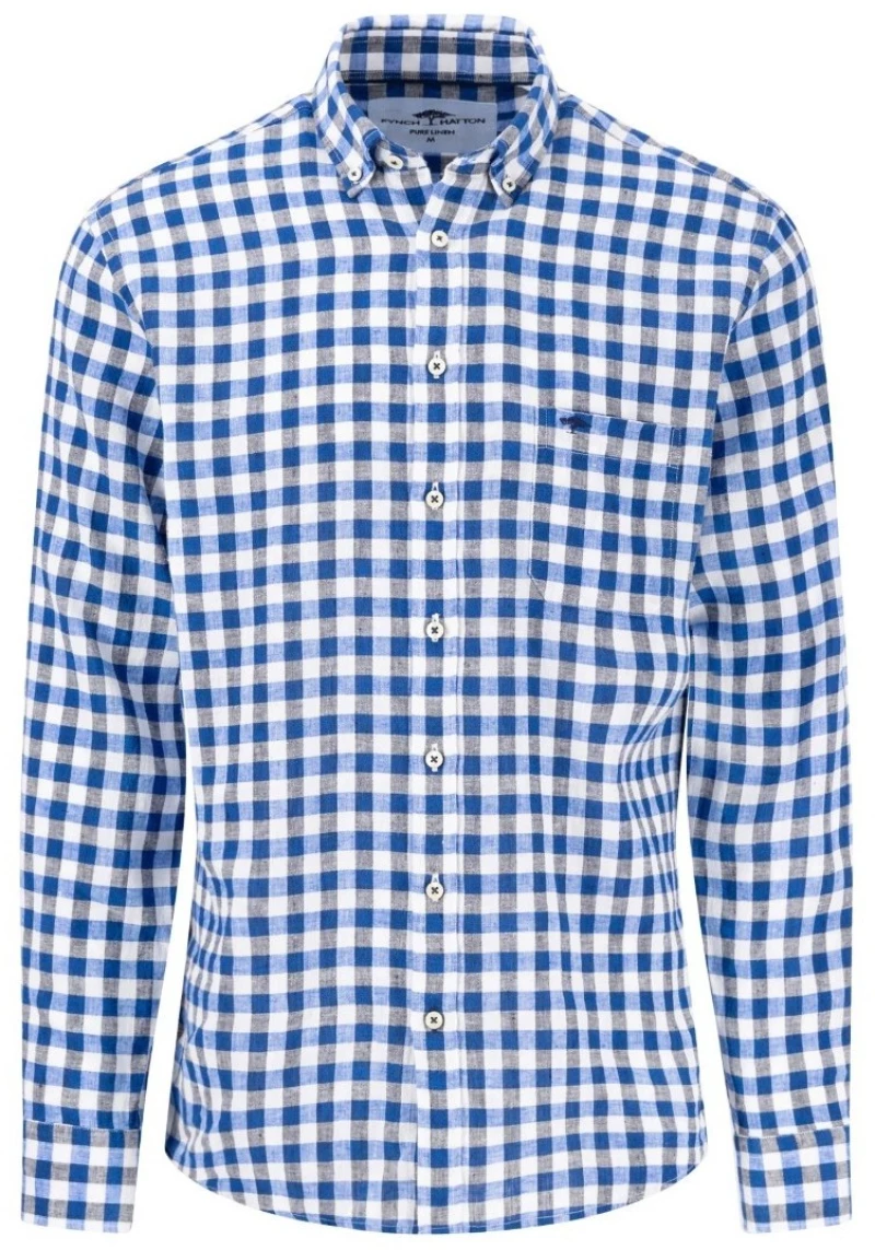 ΠΟΥΚΑΜΙΣΟ FYNCH HATTON PURE LINEN καρό 3904-66124984, Χρώμα BLUE