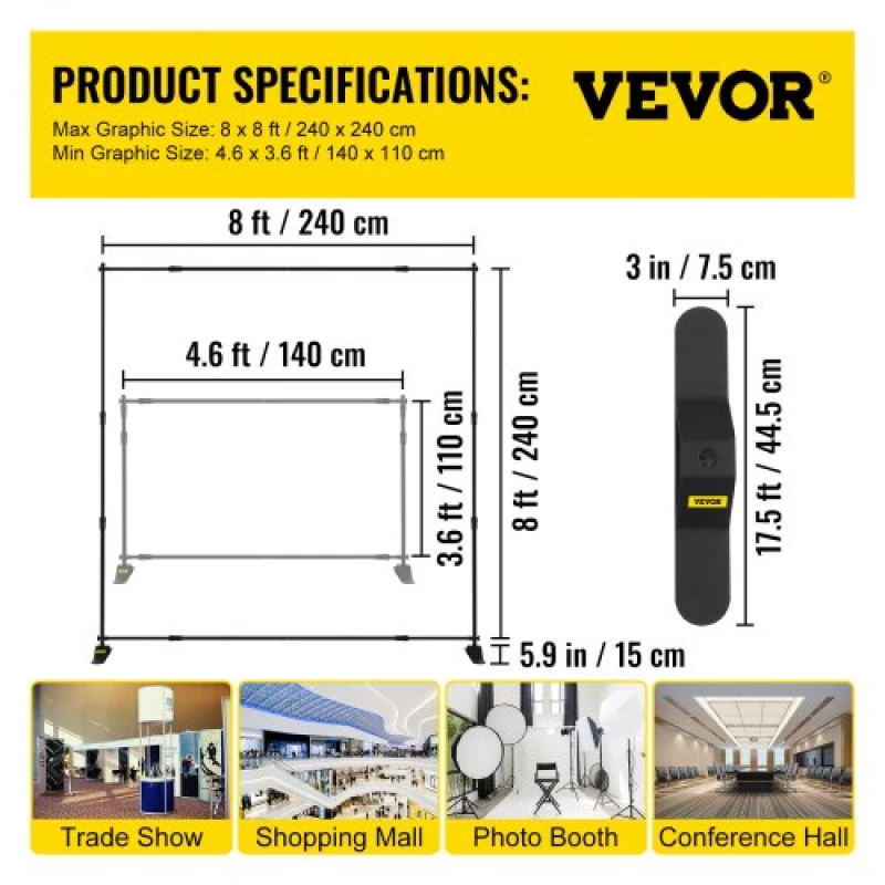 VEVOR 8FT Backdrop Banner Stand Step and Repeat Adjustable Telescopic Lightweight Trade Show Display Wall Exhibitor with Carrying Bag