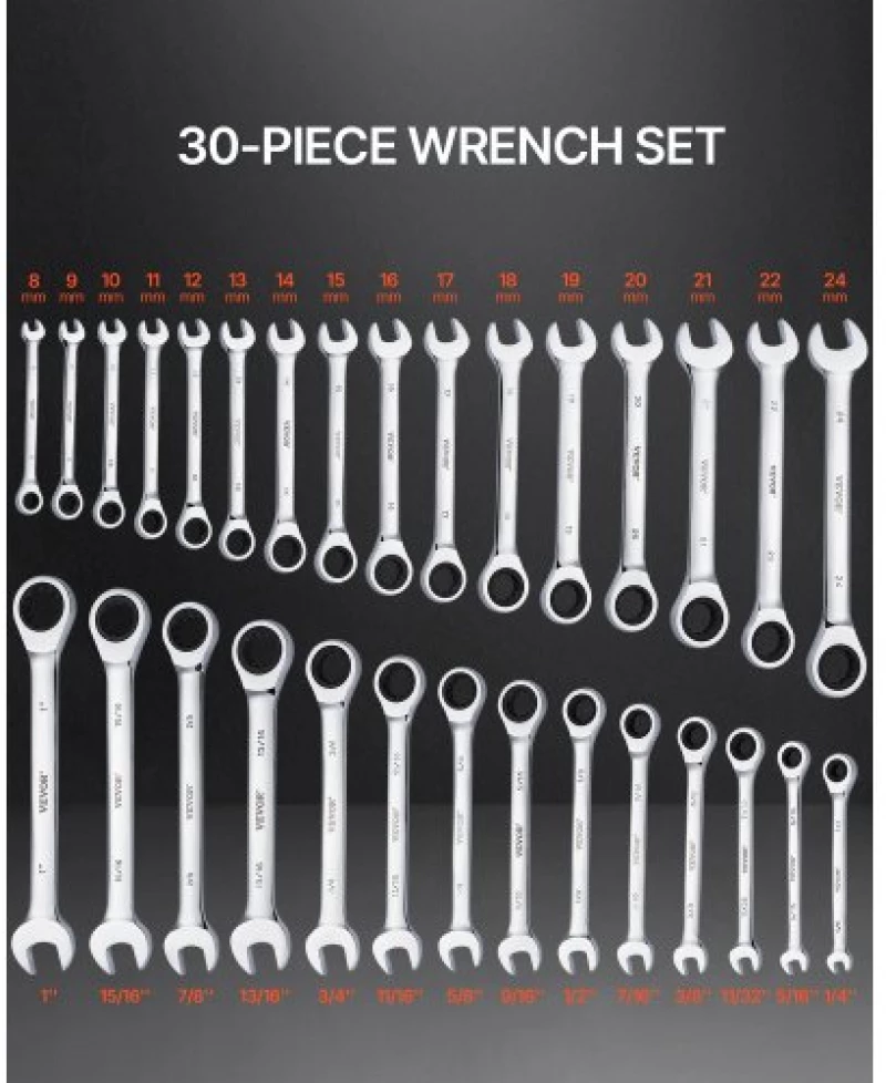 VEVOR Combination Wrench Set 30 PCS SAE 1/4" to 1", Metric 8-24mm Organizer Rack